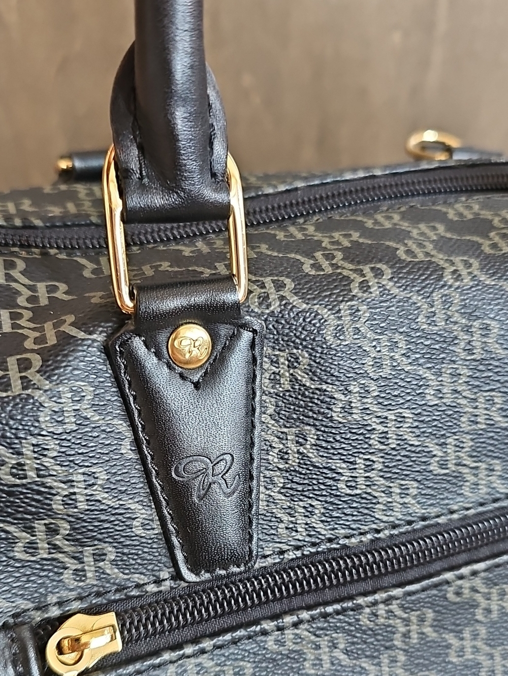 Rioni Monogram Barrel Satchel Handbag Black Brown Gold Top Handle Bag - Picture 10 of 14